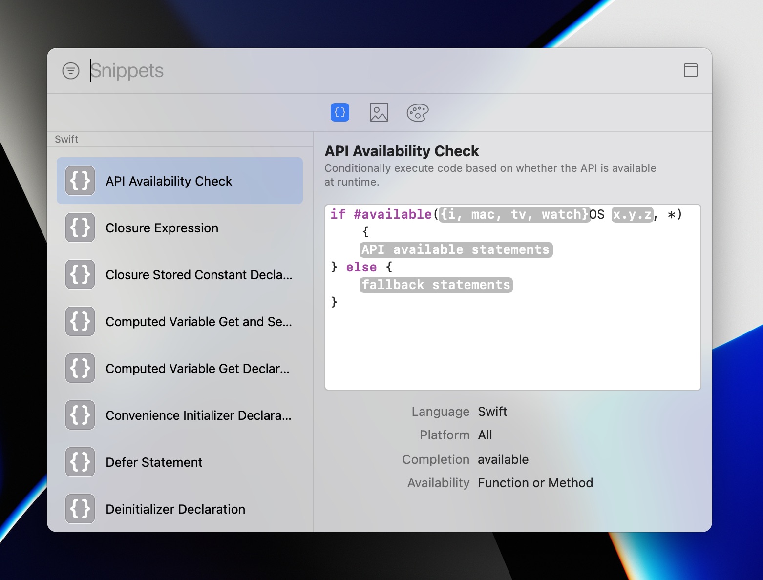 The Xcode library is presented as a floating panel