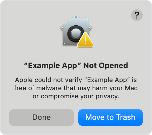 Apple’s example macOS warning that an app could not be verified as free of malware, with Done and Move to Trash buttons